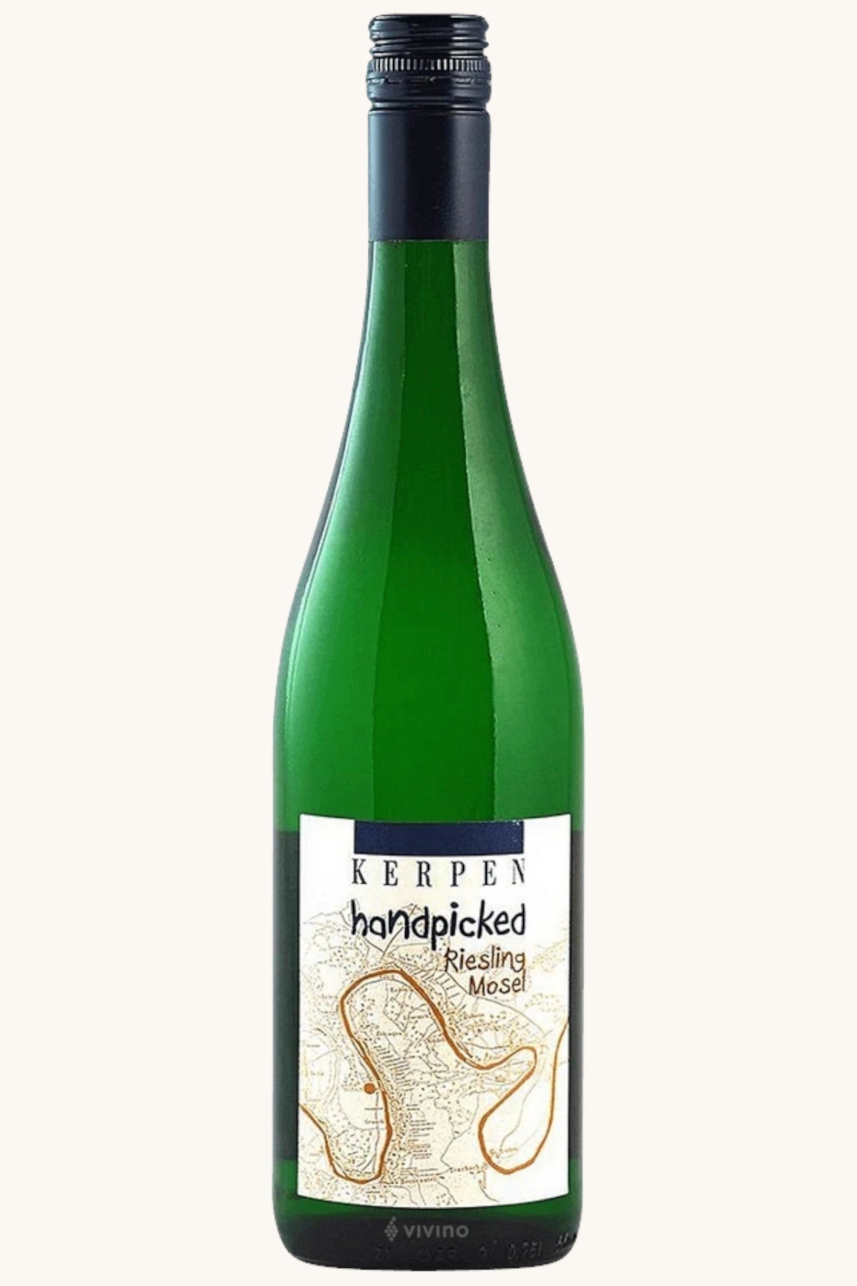Thy Vin Kerpen Handpicked Riesling Mosel white wine bottle with a map-illustrated label against a plain background.
