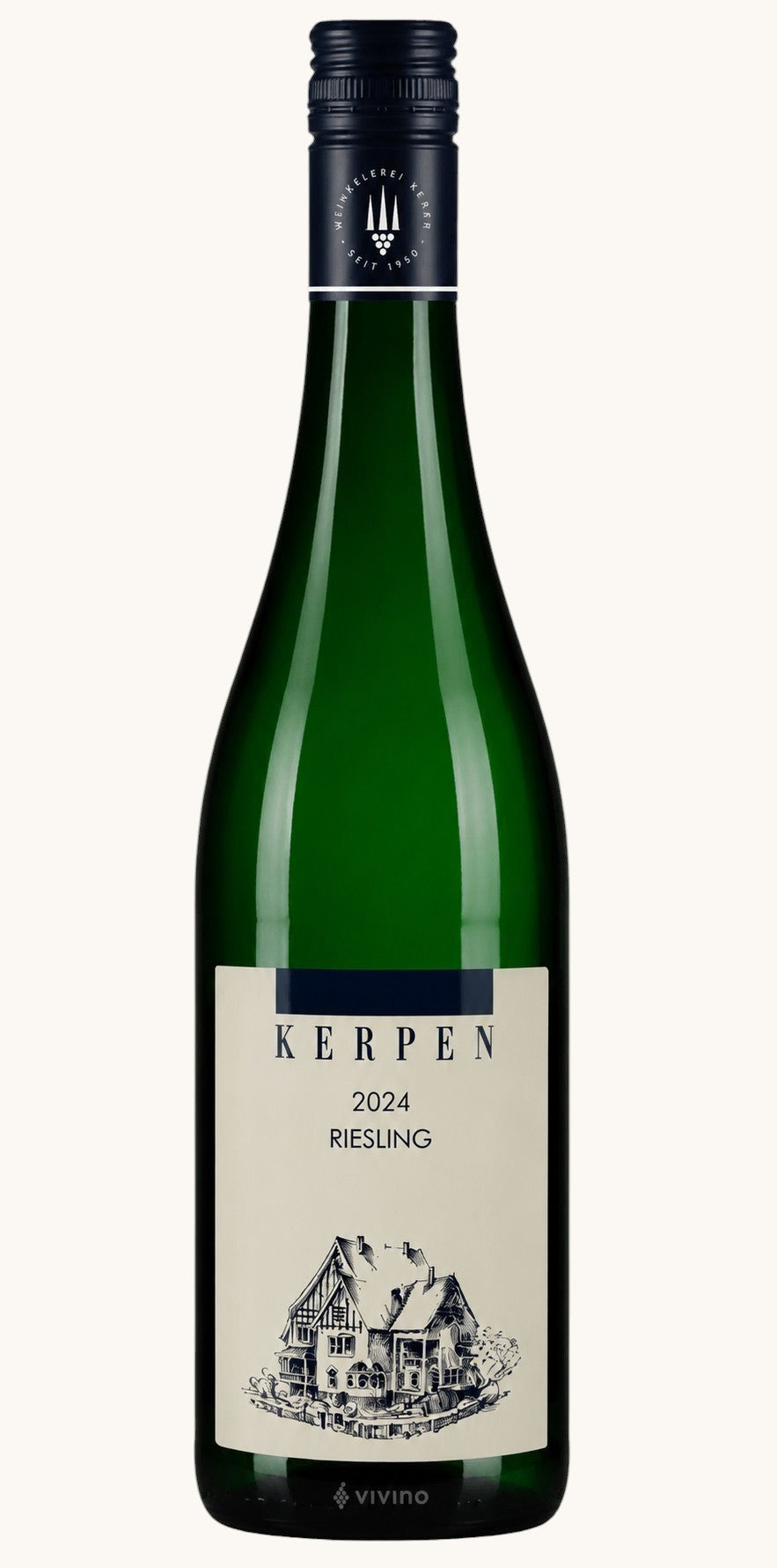 Thy Vin Kerpen 2024 Riesling white wine in a classic green glass bottle with an elegant illustrated label