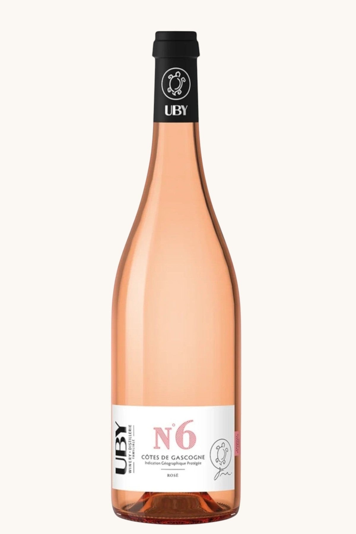 Thy Vin UBY N. 6. Rosé wine bottle with a pale pink hue and a white label featuring the UBY turtle logo.